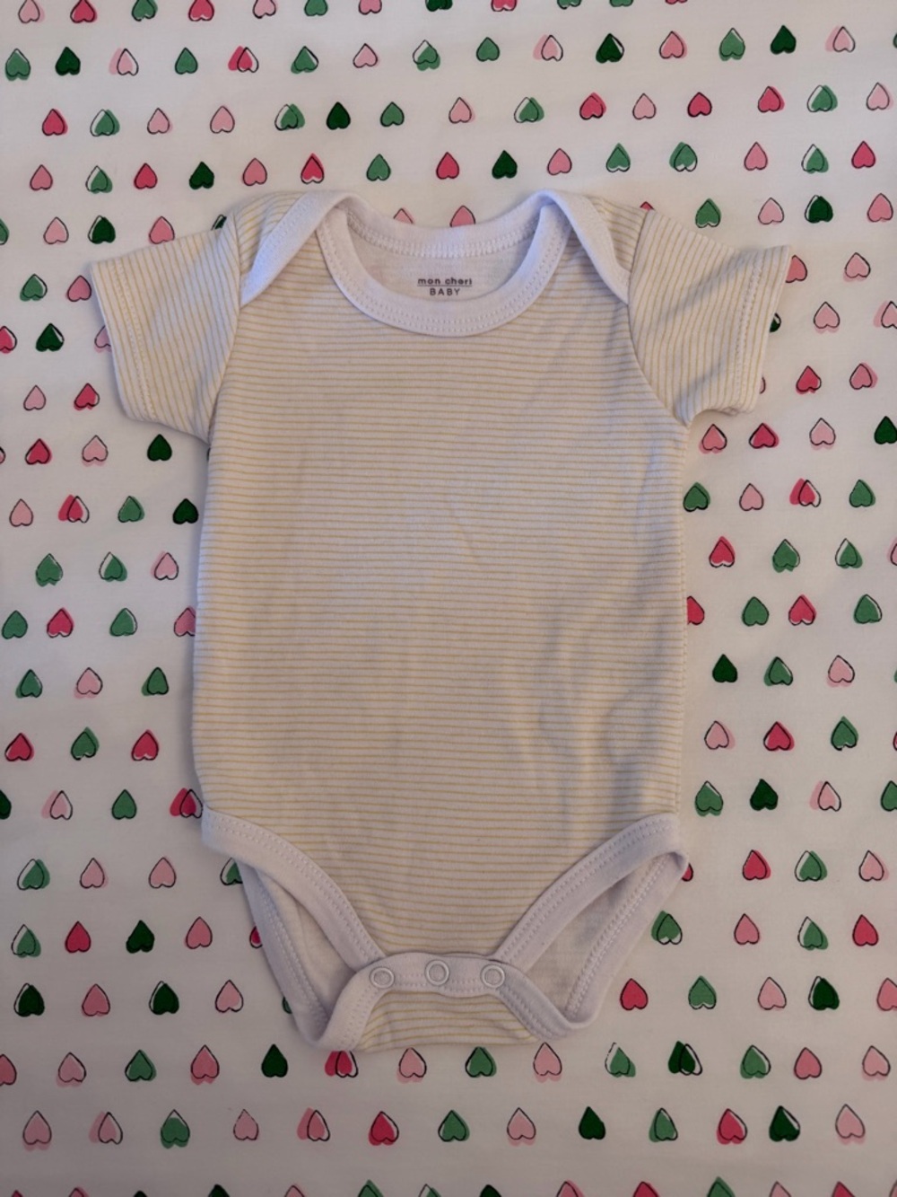 Mon Cheri Cream and Light yellow Thin-Stripe Short-Sleeve Bodysuit